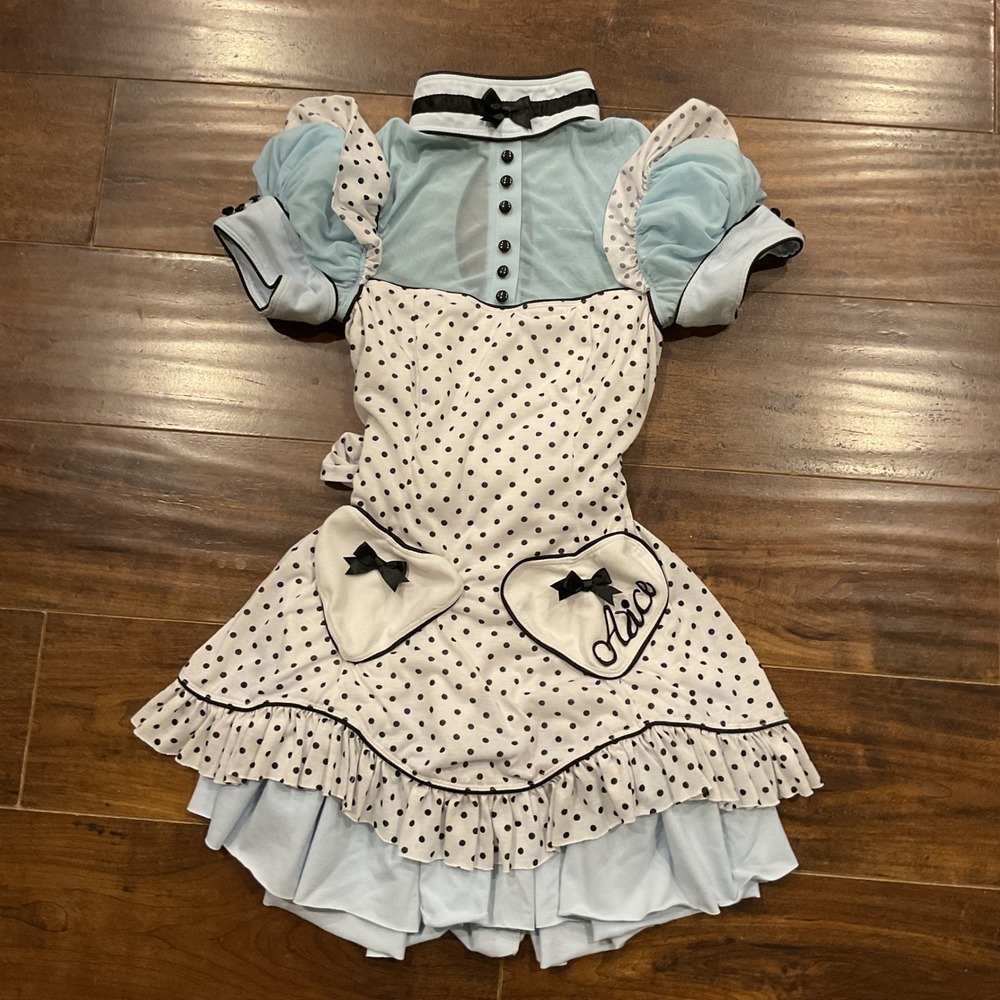 Alice in Wonderland Costume Dress Polka Dot Heart Pockets Blue White Black